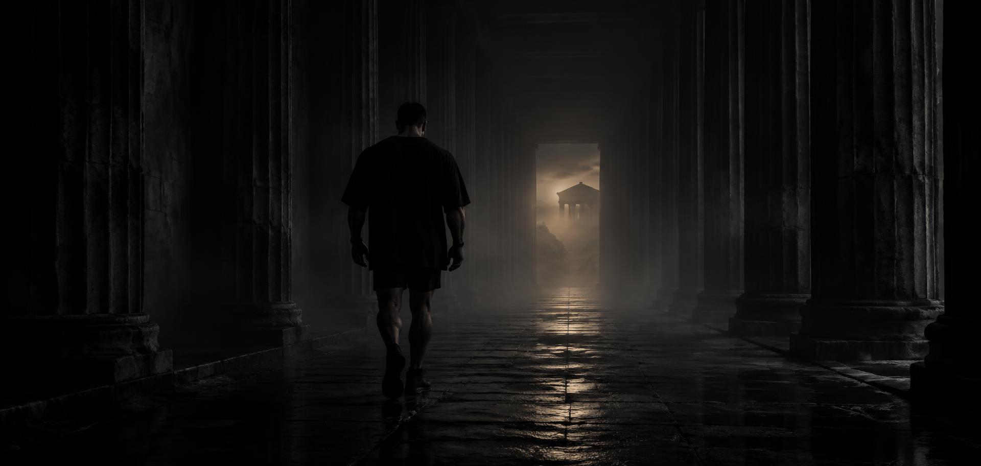 Athlete walking down a dark temple corridor